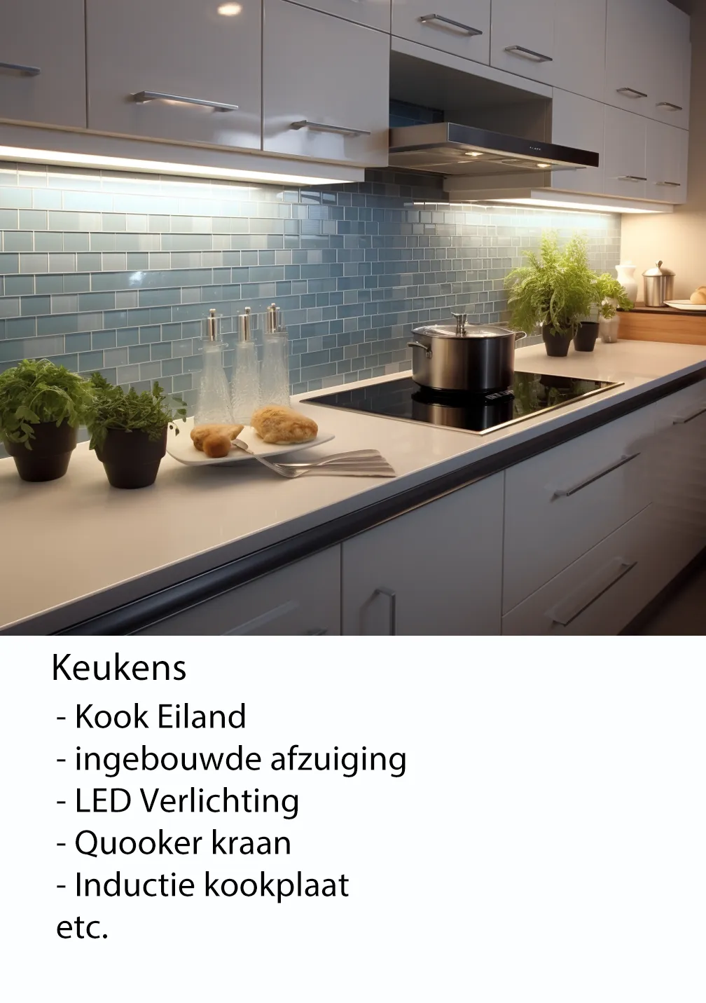 keukens; nieuwe keuken, kook eiland, led verlichting, quooker kraan etc.